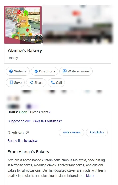Alanna's Bakery Google Business Profile listing with cake photo, business description and action buttons (address and contact details hidden)