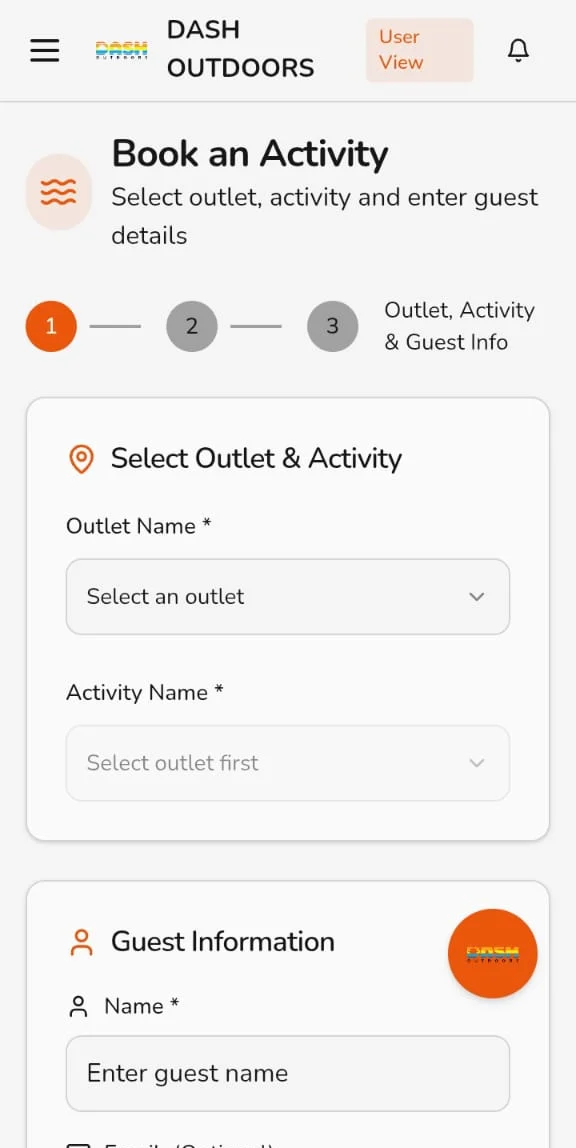 Dash Outdoors booking web app on a phone: Book an Activity screen for selecting outlet, activity and guest details