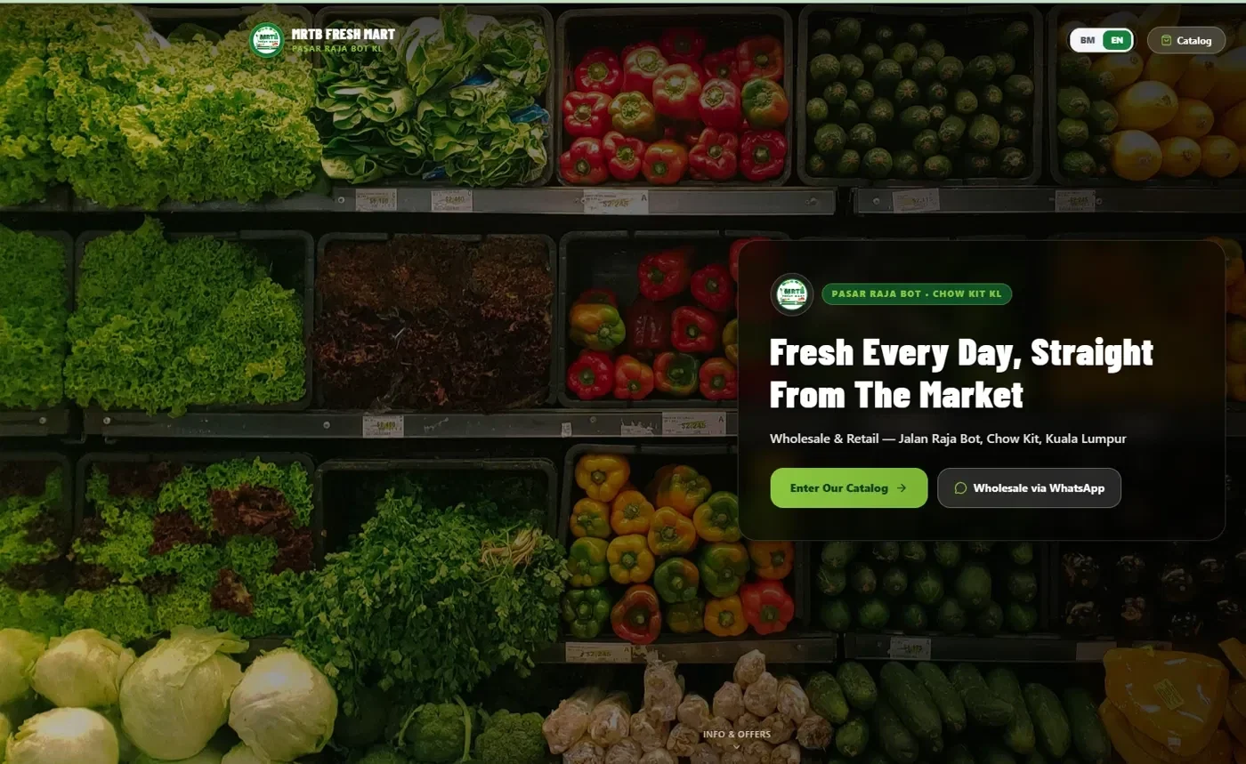 MRTB Fresh Mart website hero: Fresh Every Day, Straight From The Market, with BM/EN language switch and WhatsApp wholesale button