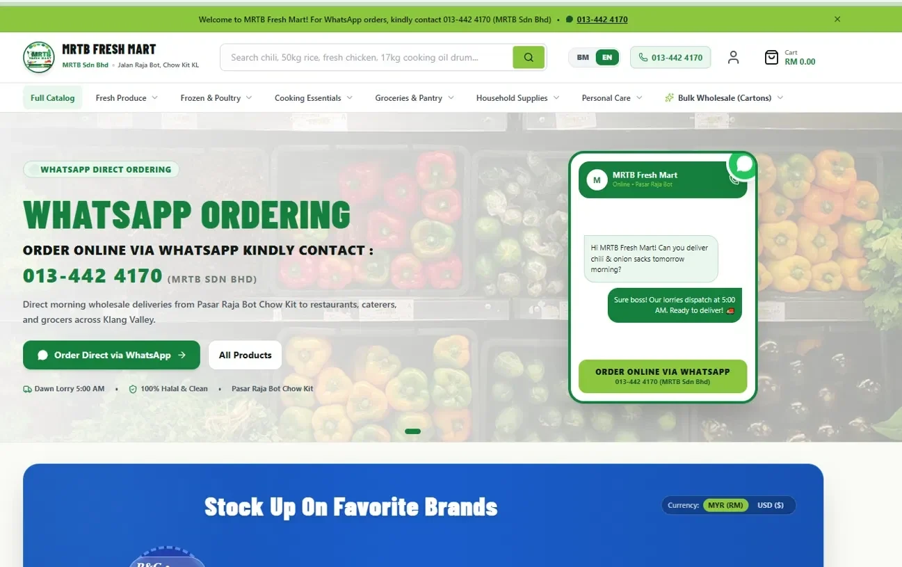 MRTB Fresh Mart homepage with product search, category navigation, bulk wholesale cartons menu and WhatsApp ordering section